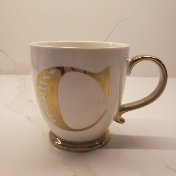 Vintage Porcelain Mug Large Coffee Tea Cup White Gold Monogram - Picture 2 of 8